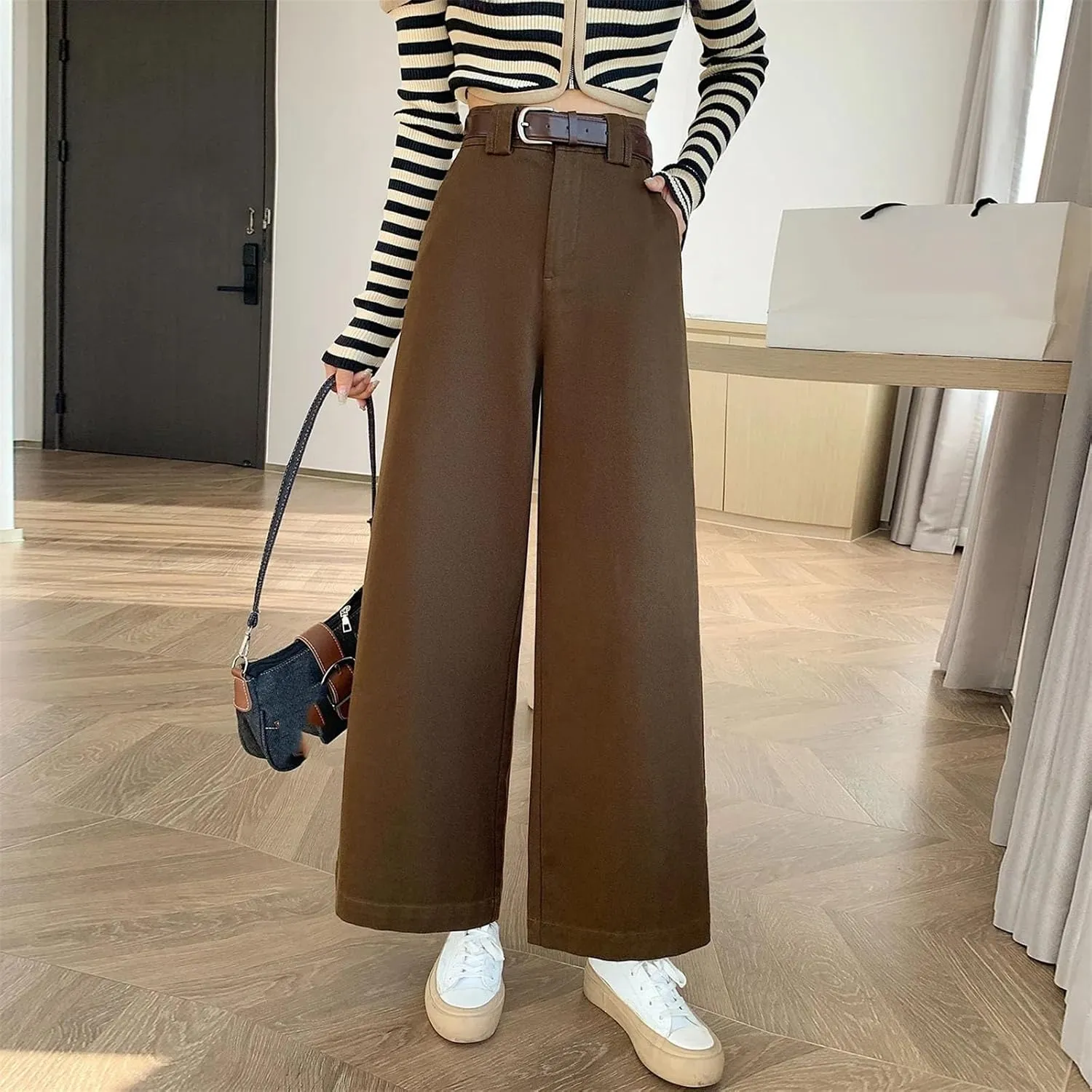 Women's Wilde Leg Pants with Belted High Waist Loose Elegant Ankle Length Trousers Female