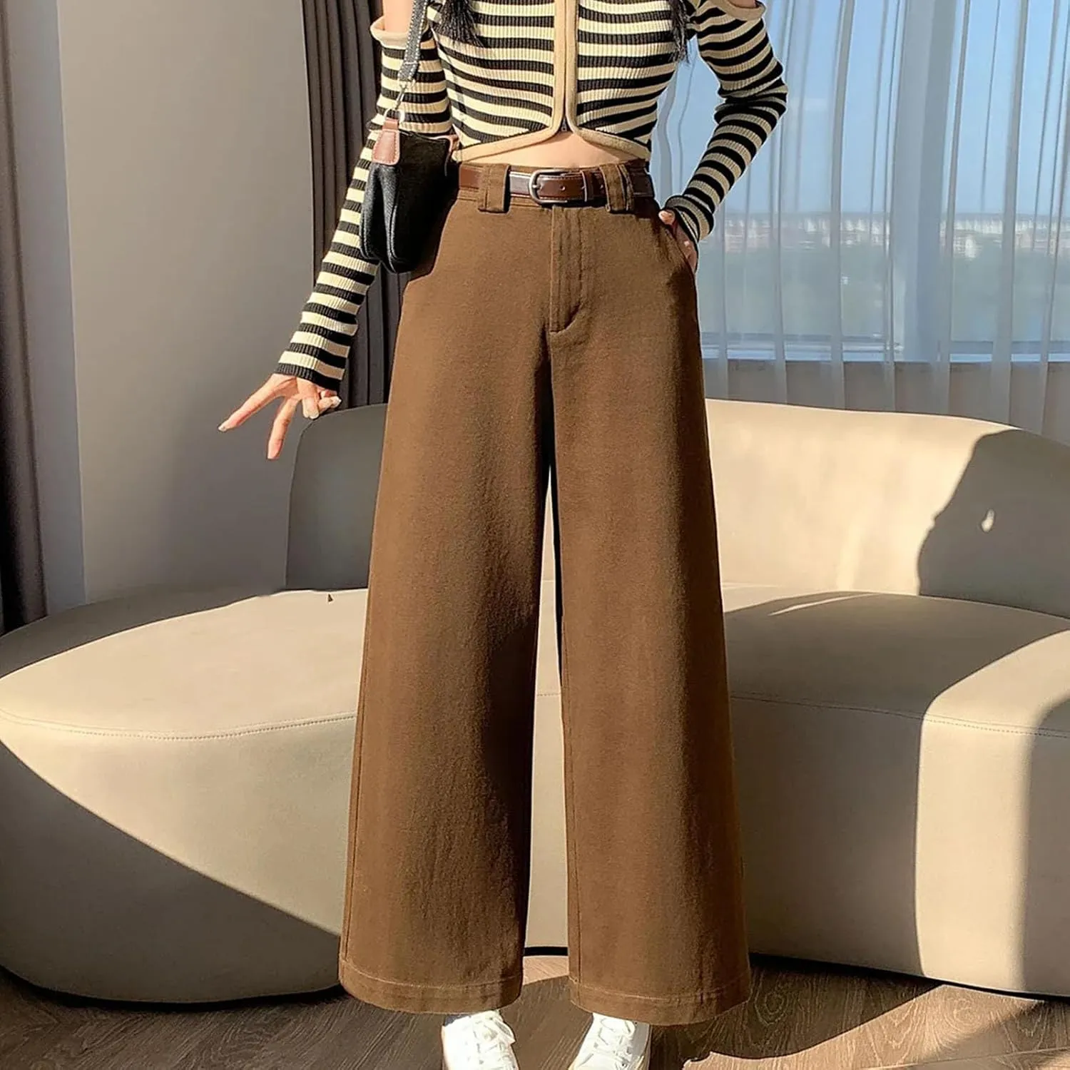 Women's Wilde Leg Pants with Belted High Waist Loose Elegant Ankle Length Trousers Female